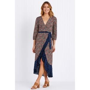 Biltmore XS Navy Pink Floral Ruffle Wrap Dress Cottagecore